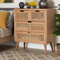 Baxton Studio JY1902-Medium Oak-4DW-Chest Alina Mid-Century Modern Medium Oak Finished Wood and Rattan 4-Drawer Accent Chest